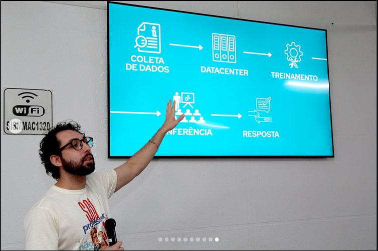 Educador aponta para um diagrama na tela: coleta de dados, datacenter, treinamento, inferência e resposta